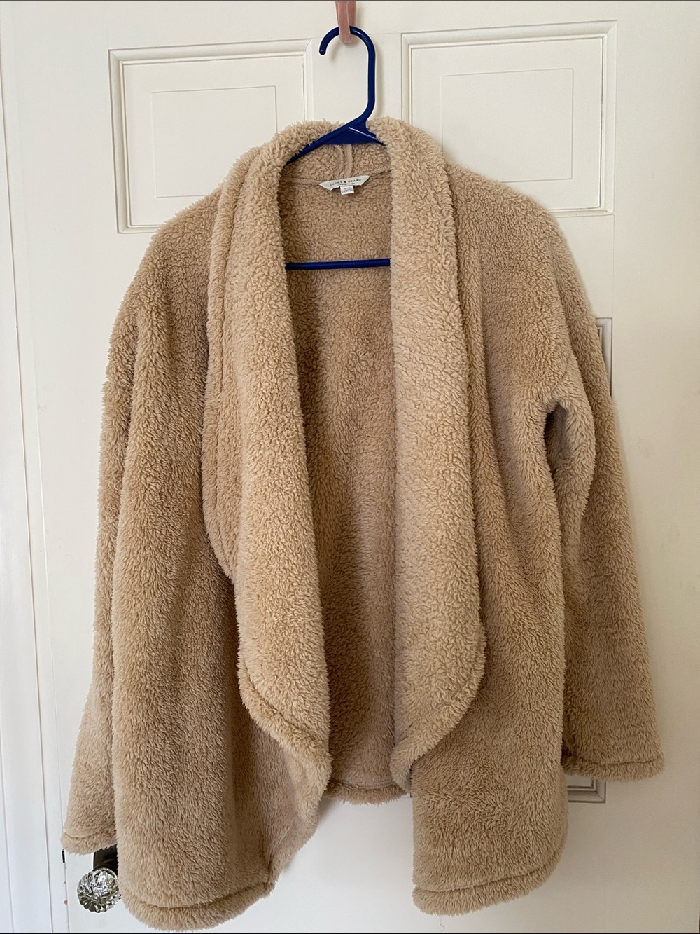 Lucky Brand Plush Open-Front Teddy Jacket in Camel
